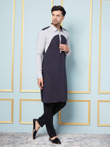 Men Navy Blue and Silver Solid Kurta With pyjama