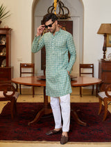 Men Green And White Cotton Leaf Print Straight Kurta With Pajama