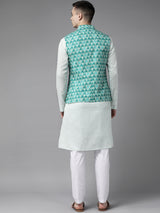 Men Green & Beige Printed Pure Cotton Nehru Jacket