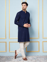 Men Navy Splendor Embroidered Sequined Rayon Kurta