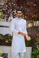 Men White Chikankari Embroidered Straight Kurta
