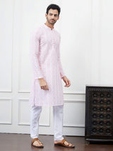 Men White with Blush Pink Pattern Chikankari Embroidered Cotton Kurta Set