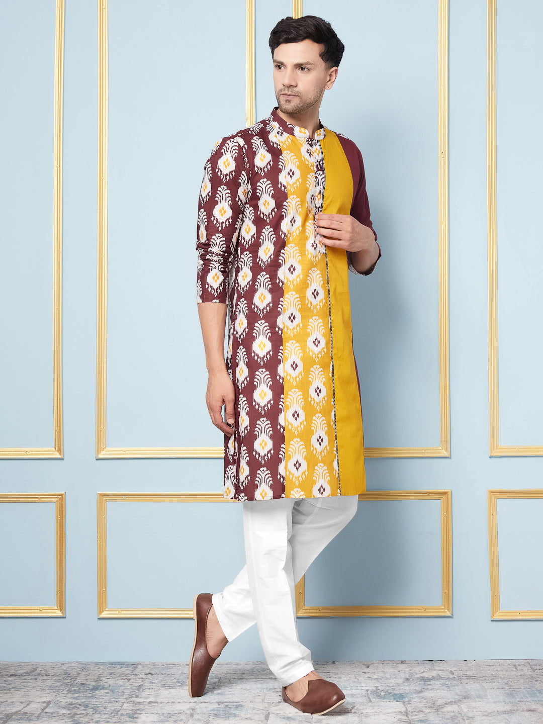 Men Maroon,Mustard And White Printed Kurta