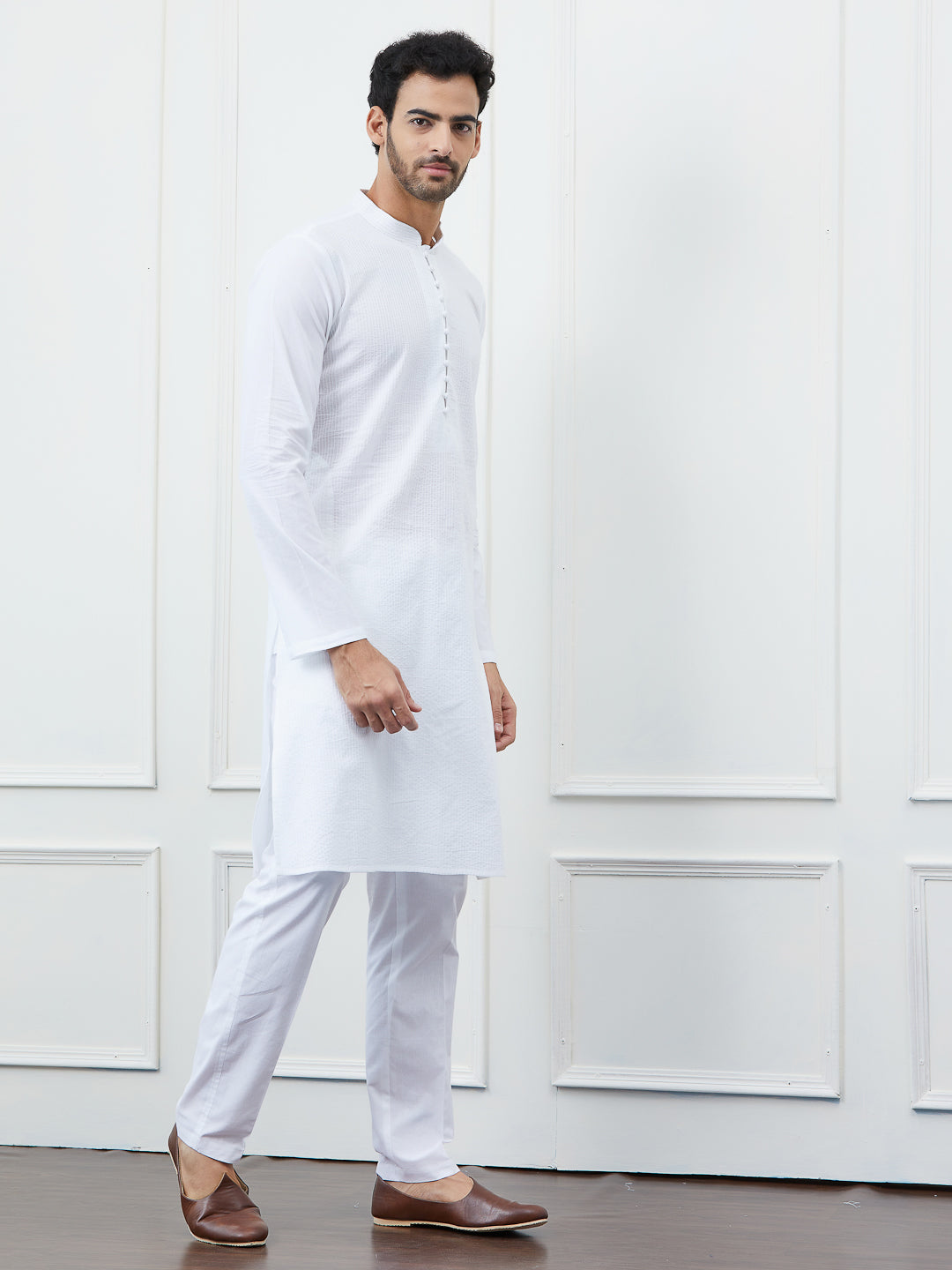 Men Pearl White Kurta with Subtle Embroidered Stripes and Pajama