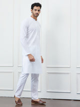 Men Pearl White Kurta with Subtle Embroidered Stripes and Pajama