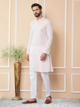 Light Pink Thread & Sequins Worked Pure Cotton Straight Kurta with Pyjama