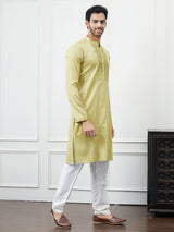 Riwaat.com Men Olive Sequence Mirror Work Cotton Kurta Riwaat Embroidered Mehendi