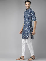 Men Blue Regular Pure Cotton Pathani Printed Men's Kurta
