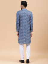Men Blue Pure Cotton Printed Straight Kurta With pyjama