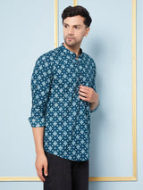 Men Teal Printed Cotton Short Kurta