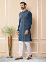 Dark Blue Thread & Sequins Worked Pure Cotton Straight Kurta with Pyjama