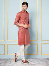 Riwaat.com Men Red & Gold Woven Design Thread Work Kurta Riwaat Woven Design