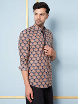 Men Blue & Off White Printed Cotton Short Kurta