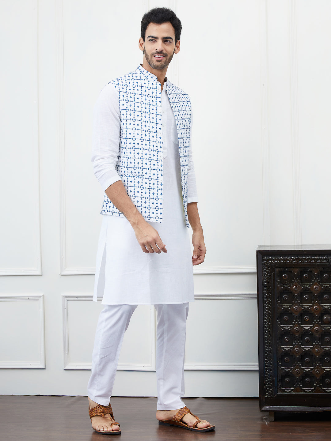 Men White And Blue Color Woven Design Chikankari Embroidery Cotton Nehru Jacket