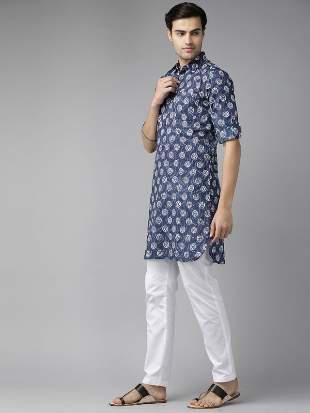 Men Indigo Regular Pure Cotton Pathani Printed Men's Kurta