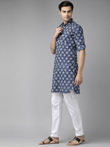Men Indigo Regular Pure Cotton Pathani Printed Men's Kurta