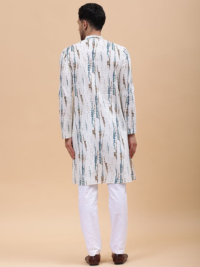 Men White & Blue Pure Cotton Printed Straight Kurta With pyjama