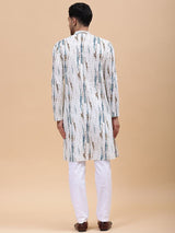 Men White & Blue Pure Cotton Printed Straight Kurta With pyjama