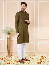 Men Olive Floral Embroidered Sequined Rayon Kurta