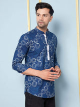 Men Blue & White Midnight Bloom Printed Cotton Short Kurta