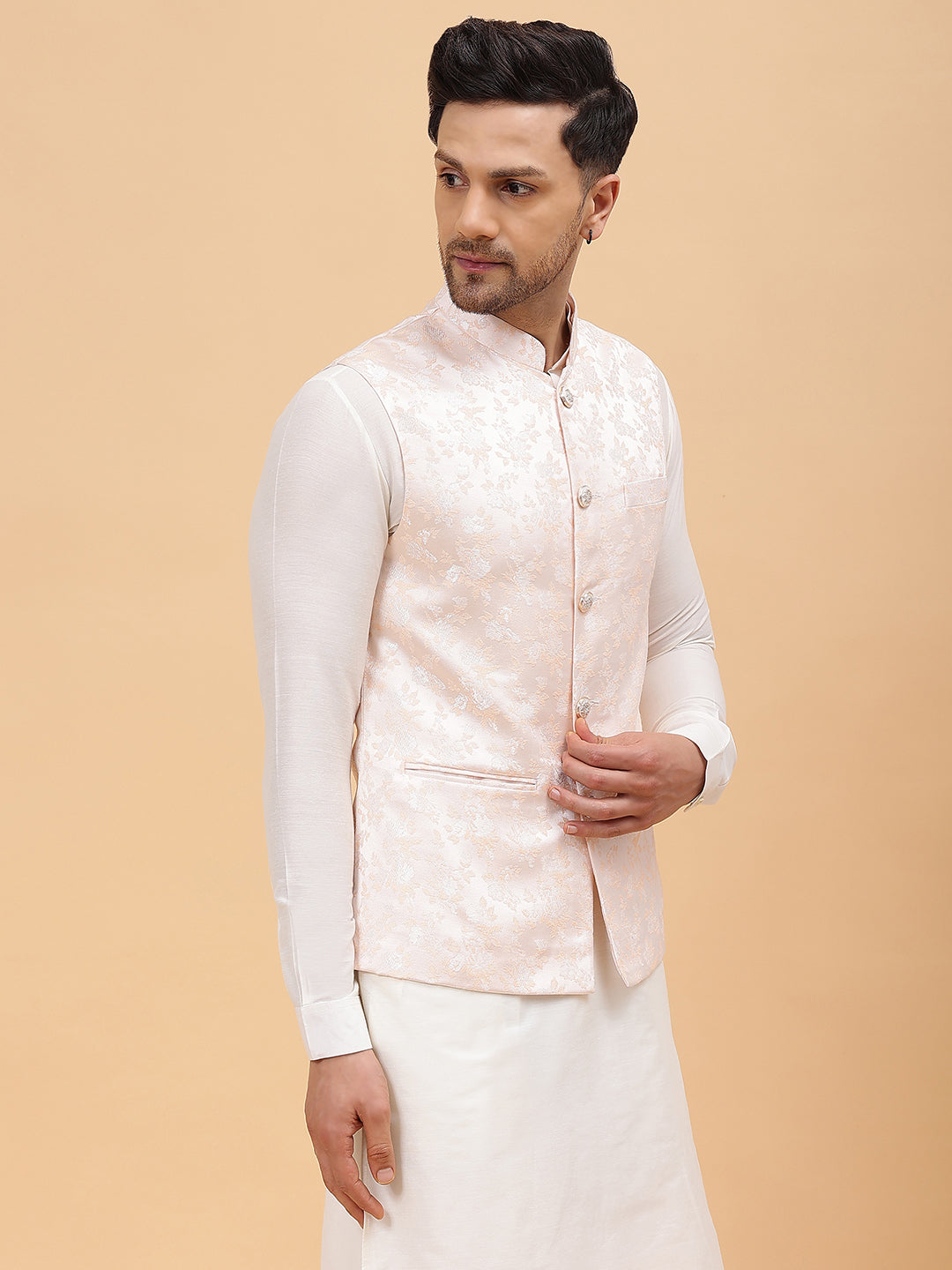 Men Peach Woven Design Jacquard Nehru Jacket