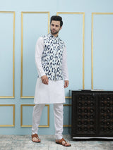 Men White And Blue Color Printed Cotton Nehru Jacket