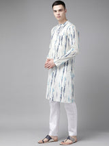 Men White Multi Tie and dye Print Design Straight Kurta With Pyjama