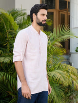 Peach Woven Striped Cotton Short Kurta