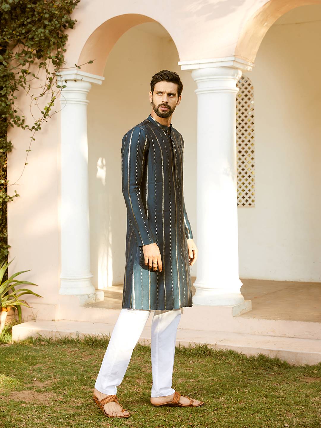 Men Teal And Gold Chanderi Silk Sequins Kurta With Pajama