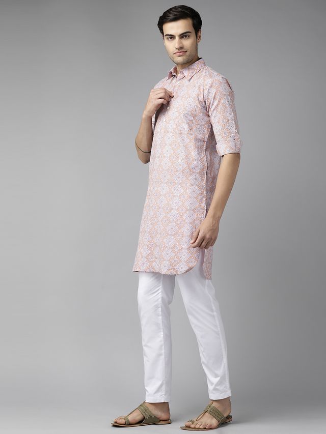 Men Beige Regular Pure Cotton Pathani Printed Men's Kurta