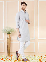 Men Grey Cotton Solid Pathani Kurta