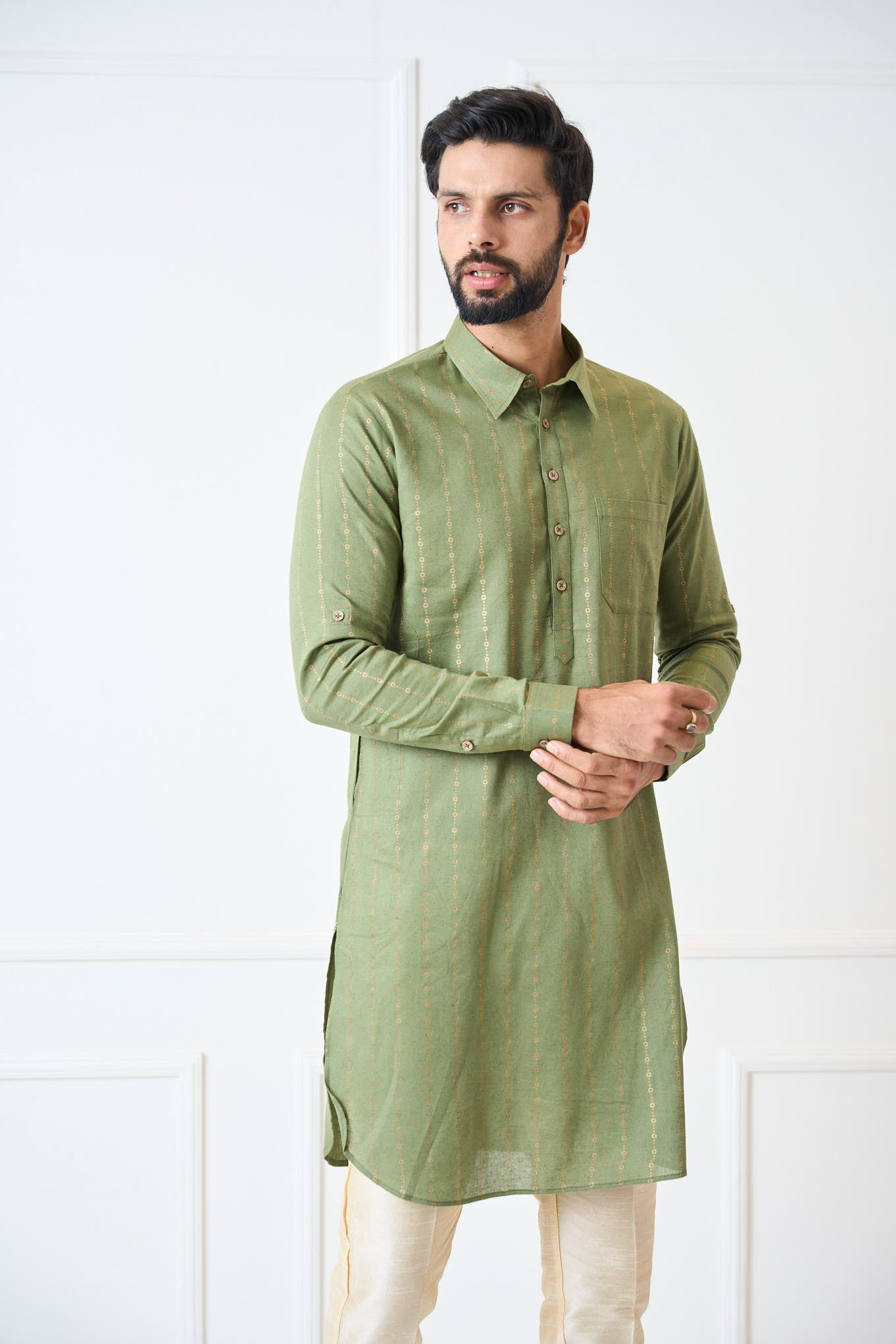 Riwaat.com Men Olive Green Regular Pure Cotton Pathani Kurta Riwaat Floral Mehendi Pathani