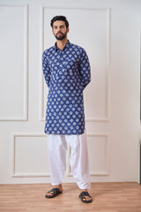 Riwaat.com Men Indigo Regular Pure Cotton Pathani Kurta Riwaat Floral Pathani