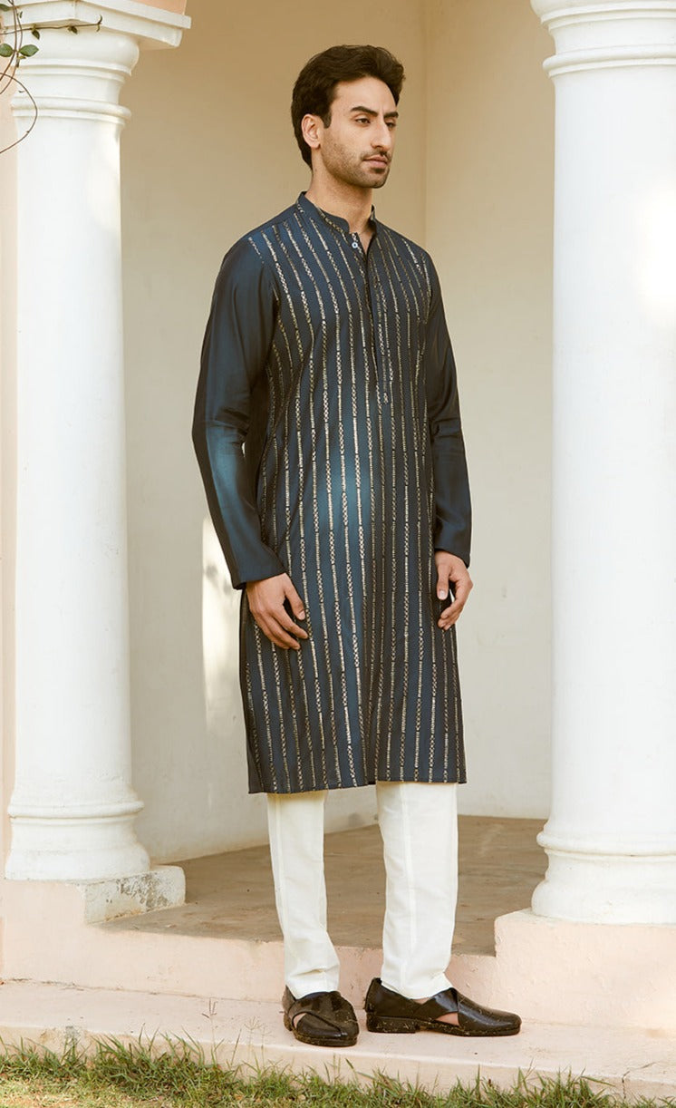 Men Midnight Majesty Chanderi Silk Sequins Kurta