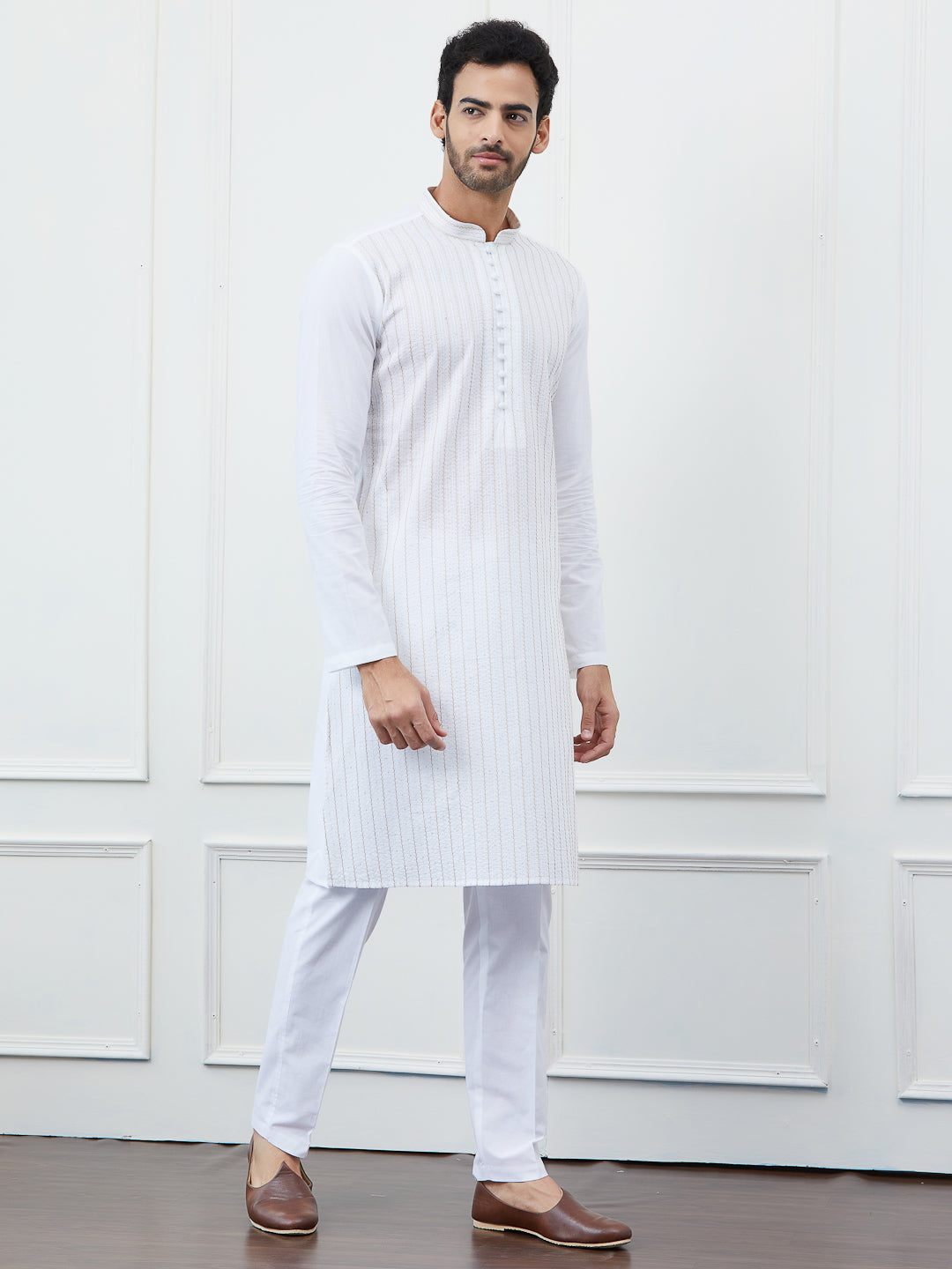 Men White Cotton Gold Thread Work & Sequence Kurta