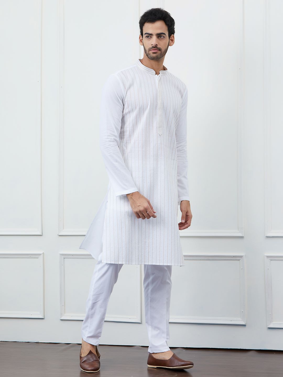 Classic White Cotton Gold Thread Work & Sequence Kurta