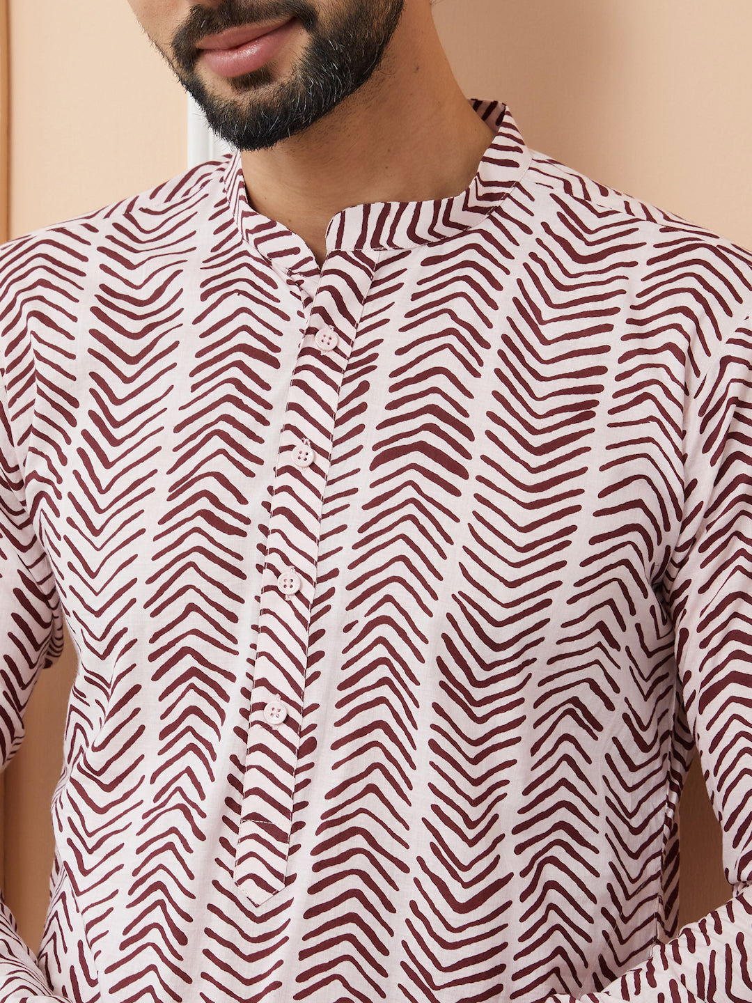 Baby Pink-Brown Printed Pure Cotton Straight Kurta with Pyjama