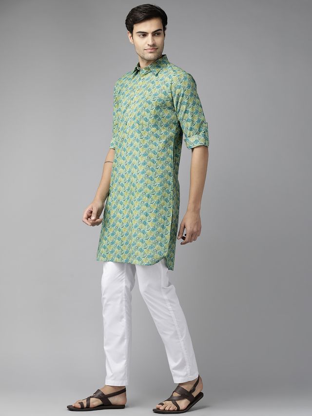 Men Green Regular Pure Cotton Pathani Printed Men's Kurta