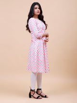 Women Soft Pink and White Floral Yoke Design Embroidery Cotton Kurti