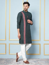 Men Green and White Weaving Design Kurta With pyjama
