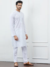 Men White Cotton Kurta with Blue Thread Work