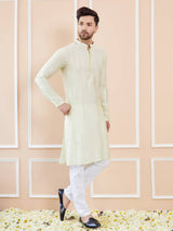 Men Cream with Subtle Golden Stripes Chanderi Silk Sequins Kurta With Pajama