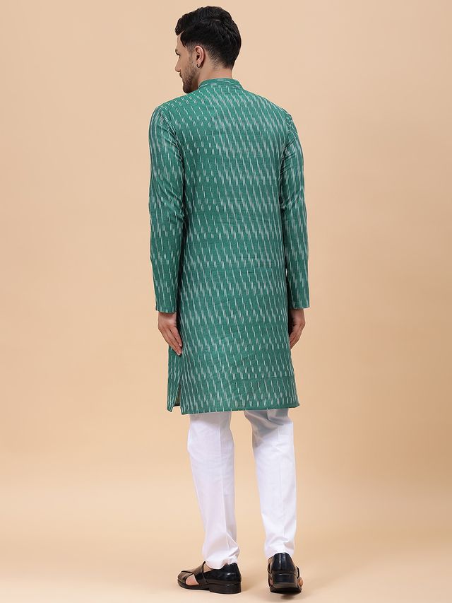 Men Green & White Pure Cotton Printed Straight Kurta With pyjama