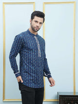 Men Blue & White Azure Zigzag Printed Cotton Short Kurta