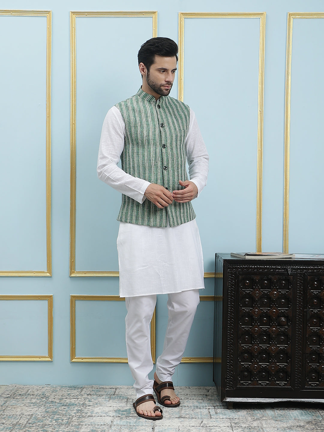 Men Emerald Color Khadi Nehru Jacket