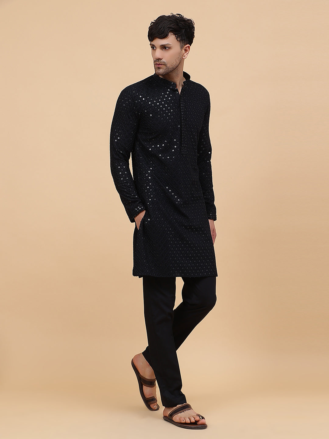 Men Midnight Elegance Embroidered Sequined Rayon Kurta