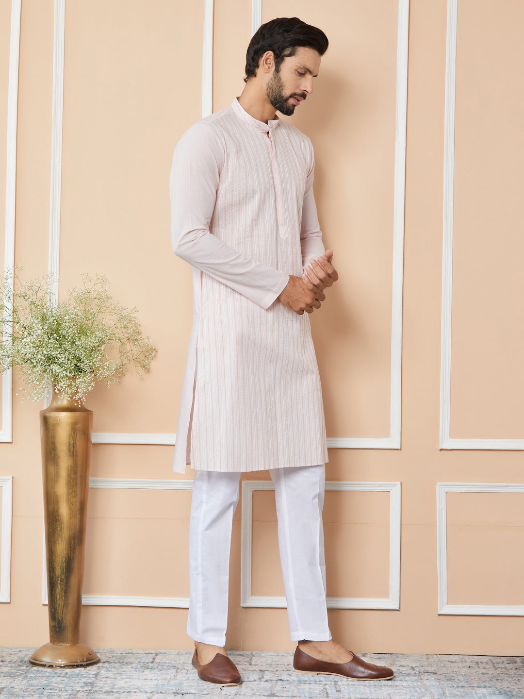 Light Pink Thread & Sequins Worked Pure Cotton Straight Kurta with Pyjama