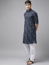 Men Indigo Regular Pure Cotton Pathani Printed Men's Kurta