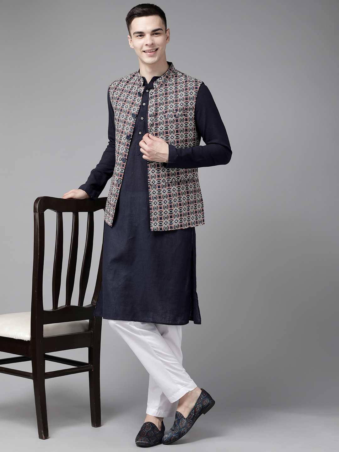 Men Blue & Maroon Printed Pure Cotton Nehru Jacket