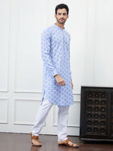 Men Blue And White Embroidered Cotton Kurta